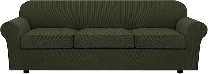 H.VERSAILTEX 4 Piece Stretch Sofa Covers for 3 Cushion Couch Covers for Living Room Furniture Slipcovers (Base Cover Plus 3 Seat Cushion Covers) Thicker Jacquard Fabric (Large Sofa, Olive)