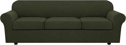 H.VERSAILTEX 4 Piece Stretch Sofa Covers for 3 Cushion Couch Covers for Living Room Furniture Slipcovers (Base Cover Plus 3 Seat Cushion Covers) Thicker Jacquard Fabric (Large Sofa, Olive)