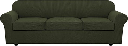 H.VERSAILTEX 4 Piece Stretch Sofa Covers for 3 Cushion Couch Covers for Living Room Furniture Slipcovers (Base Cover Plus 3 Seat Cushion Covers) Thicker Jacquard Fabric (Large Sofa, Olive)
