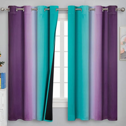 Teal and Purple Gradient Curtains 63 Inch Length 2 panels, Ombre and Wavy Line Pattern Blackout Curtains for Kids Room, Full Light Blocking Thermal Insulated Grommet Drapes for Bedroom, 52x63 Inch