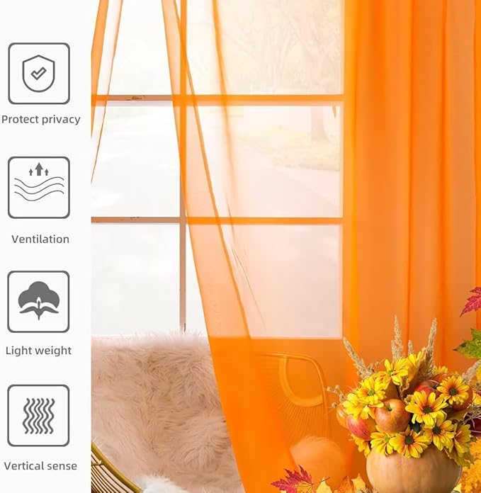 youleyar Solid Sheer Rod Pocket Curtain Voile Draperies 4 Panels White Beige Black Grey Ivory 52 Inch Width 45 Inch Long 1 Pair for Kitchen Bedroom Children Living Room Yard(Orange,52 Wｘ45 L)