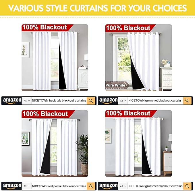 NICETOWN White 100% Blackout Lined Curtains, 2 Thick Layers Completely Blackout Window Treatment Thermal Insulated Drapes for Kitchen/Bedroom (1 Pair, 52 inches Width x 63 inches Length Each Panel)