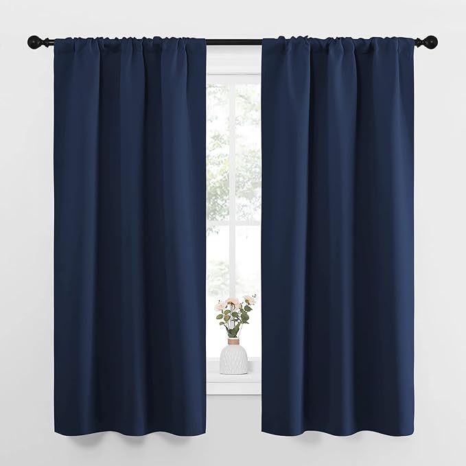 NICETOWN Bedroom Curtains Blackout Draperies, Home Decorations Thermal Insulated Solid Pole Top Blackout Drapes for Living Room (Navy, 1 Pair, 34-inch W x 63-inch L)