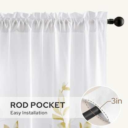 HOMEIDEAS Non-See-Through Gold and White Privacy Sheer Curtains 52 X 63 Inch Length 2 Panels, Leaf Floral Printed Light Filtering Semi Sheer Window Curtains Drapes for Bedroom Living Room