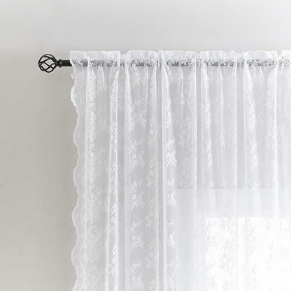 YJ YANJUN Vintage Lace Curtains White Sheer Curtains 96 inches Long 2 Panels Old Fashion Floral Victorian Voile Panels for Living Room Bedroom Rod Pocket Light Filtering 52Wx 96L