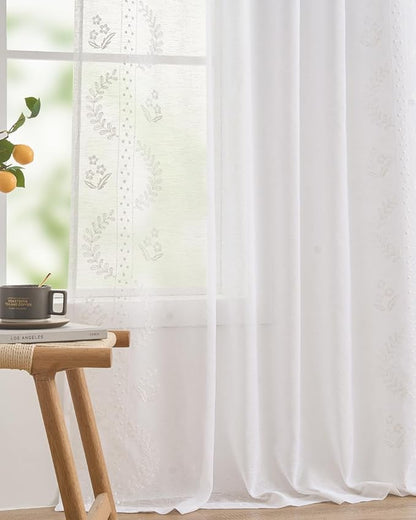 jinchan Belrose Linen Sheer Curtains for Living Room 96 Inch Length Sheer Voile Embroidered Floral Curtains for Bedroom Light Filtering Rod Pocket Window Treatments Farmhouse Decor 2 Panels White