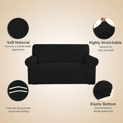 Easy-Going Stretch 4 Seater Sofa Slipcover 1-Piece Sofa Cover Furniture Protector Couch Soft with Elastic Bottom for Kids, Polyester Spandex Jacquard Fabric Small Checks Black