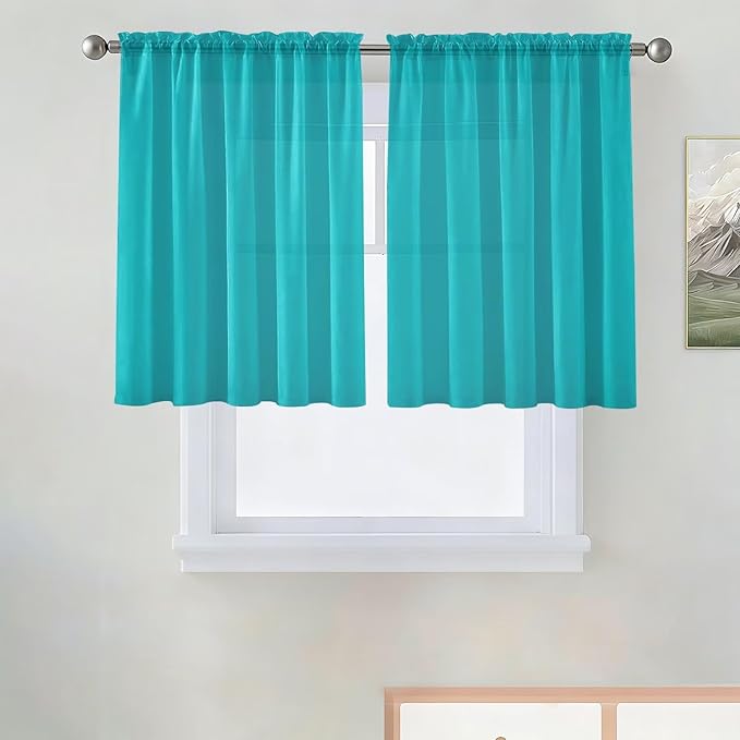SpaceDresser Basic Rod Pocket Sheer Voile Window Curtain Panels Peacock Blue 1 Pair 2 Panels 52 Width 36 Inch Long for Kitchen Bedroom Children Living Room Yard（Peacock Blue, 52W x 36L）