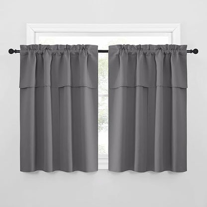 NICETOWN Short Curtains with Attached Valance for Small Window, Thermal Insulated Rod Pocket Room Darkening Curtains for Living Room, 52" Wide x 45" Long, 2 Panels, Grey