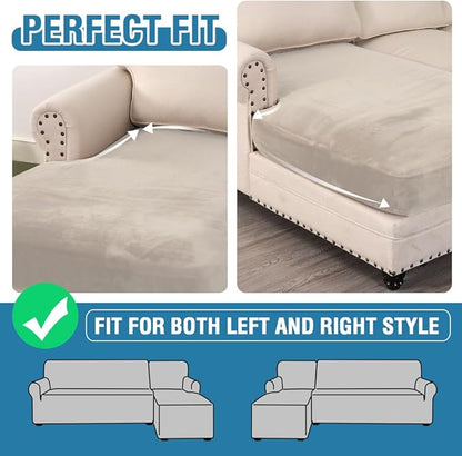 H.VERSAILTEX Velvet Stretch Individual Chaise Cover Sectional Couch Covers for L Shaped Sofa Both Left/Right Furniture Protector Seat Cushion Sofa Cover (1 Piece Chaise Cover, Oatmeal)