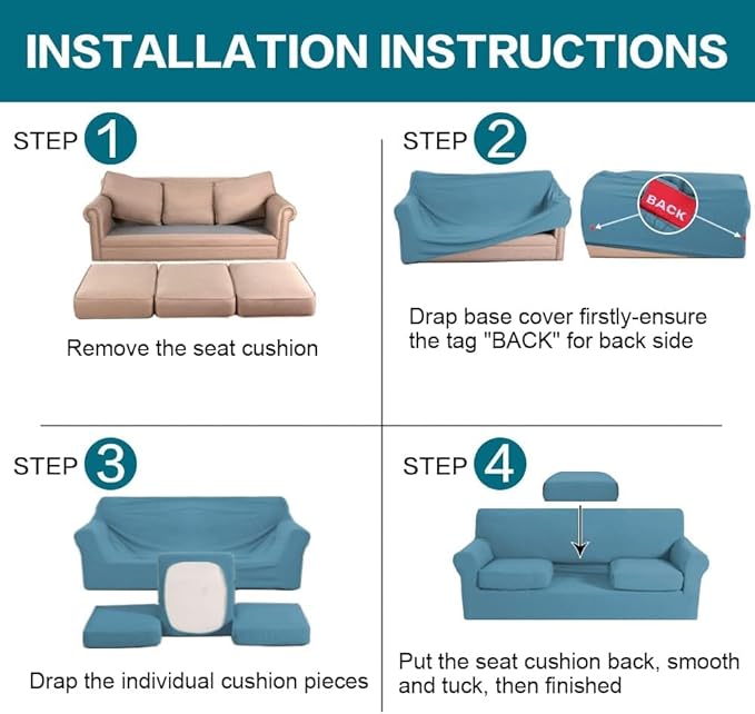 Turquoize 4 Piece Sofa Covers for 3 Cushion Couch Sofa Slipcover Soft Couch Cover for Dogs Washable Furniture Cover with 3 Individual Large Cushion Covers Feature Fabric (Large Sofa, Storm Blue)