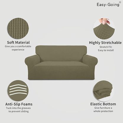Easy-Going Stretch Oversized Loveseat Slipcover 1-Piece Sofa Cover Furniture Protector Couch Soft with Elastic Bottom for Kids Polyester Spandex Jacquard Fabric Small Checks Khaki