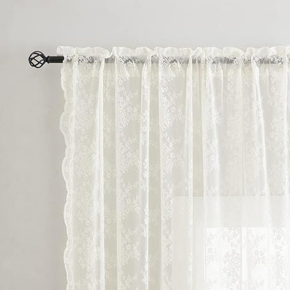 YJ YANJUN Vintage Lace Curtains 92 Inches Long-Victorian Floral Pattern Ivory Sheer Panels Light Filtering Cream Gauze Curtain for Living Room Bedroom Boho Farmhouse Decor 52x92 Cream/Ivory