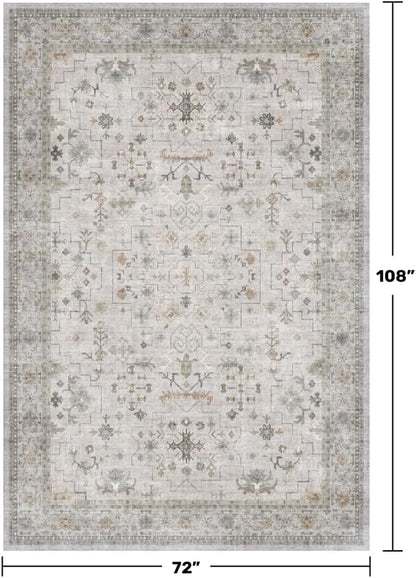 Hazo Haus Boho Light Grey Living Room Rug 6x9 - Modern Vintage Eclectic Floral Paste Neutral Taupe, Washable Low Pile Non-Slip Large Area Rugs for Dining Under Table Bedroom