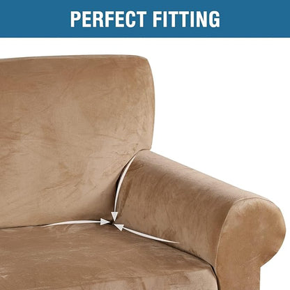 H.VERSAILTEX Stretch Velvet Sofa Covers for 3 Cushion Couch Covers Furniture Protector Soft with Non Slip Elastic Bottom, Crafted from Thick Comfy Rich Velour (Large Sofa 90"-97", Camel)