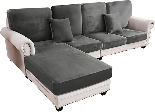 Couch Cover 4-Piece Elastic Velvet Couch Cushion Covers & Chaise Slipcovers for L-Shaped Sofas - Sofa Seat Covers Washable, Soft Protector for Couches (3 Seater + Chaise, Grey)
