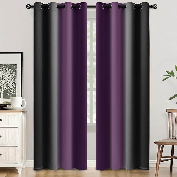 SimpleHome Ombre Room Darkening Curtains 84 inches Length for Bedroom,Grommet Gradient Light Blocking Purple and Black Window Curtains for Living Room,2 Panels, 52x84 inches