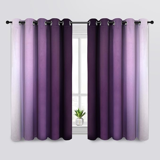 SimpleHome Ombre Room Darkening Curtains for Bedroom, Gradient Purple to Grey White Light Blocking Thermal Insulated Grommet Window Curtains/Drapes for Living Room,2 Panels, 62x63 inches Length