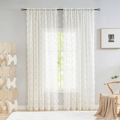 YJ YANJUN Vintage Lace Curtains 92 Inches Long-Victorian Floral Pattern Ivory Sheer Panels Light Filtering Cream Gauze Curtain for Living Room Bedroom Boho Farmhouse Decor 52x92 Cream/Ivory
