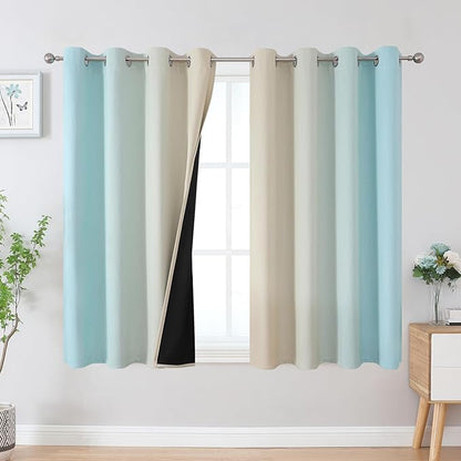Estelar Textiler Aqua and Beige Blackout Curtains 54 Inch Length, Light Blocking Gradient Grommet Drapes for Living Room, Thermal Insulated Ombre Curtains for Bathroom,52Wx54L,2 Panels