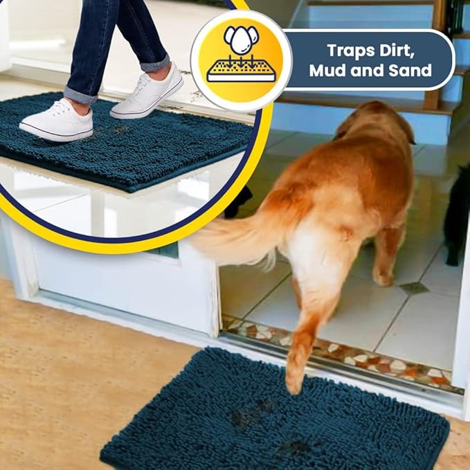 Muddy Mat® | Super Absorbent Door Mat Indoor, Microfiber Quick Dry Chenille Entryway Rug, Non-Slip Front Door Mat, Indoor Mats for Entryway, Machine Washable Pet Rug, Atlantic Blue 24"x120"