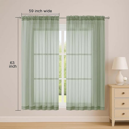 OWENIE Sheer Sage Green Curtains, Sheer Curtains 63 inch Length 2 Panels Set, Rod Pocket Voile Fimly Sheer Drapes for Living Room Bedroom, 2pcs, Sage Green, Each 59" W x 63" L