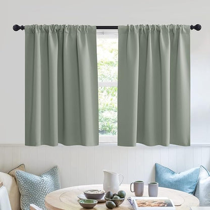 RYB HOME Blackout Bathroom Window Curtains, Short Thermal Insulated Heat Blocking Rod Pocket Half Window Curtain Tiers for Nursery Bedroom, Width 42 by Length 30, Greyish Green, 2 Panels