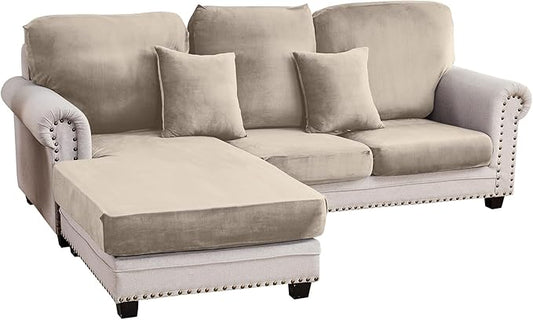 Couch Cover 3-Piece Elastic Velvet Couch Cushion Covers & Chaise Slipcovers for L-Shaped Sofas - Sofa Seat Covers Washable, Soft Protector for Couches (2 Seater + Chaise, Taupe)