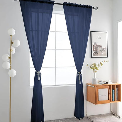 SpaceDresser Sheer Voile Window Treatment Rod Pocket Curtain Panels for Kitchen Bedroom Living Room Drapes Sunlight Filtering Privacy Semi Home Decor Assorted Colors Sizes (Navy, 52 W x 90 L)