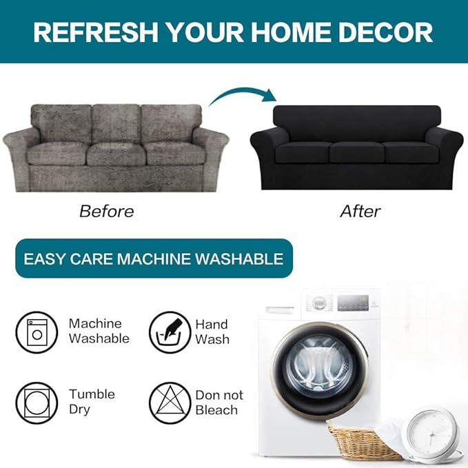 Turquoize 4 Piece Sofa Covers for 3 Cushion Couch Sofa Slipcover Soft Couch Cover for Dogs Washable Furniture Cover with 3 Individual Large Cushion Covers Feature Fabric (Large Sofa, Black)