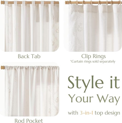 jinchan Belrose Linen Curtains for Bedroom Floral Curtains 63 Inch Length Linen Blend White Embroidered Drapes Farmhouse Flower Patterned Drapes for Living Room Window Treatments Set 2 Panels