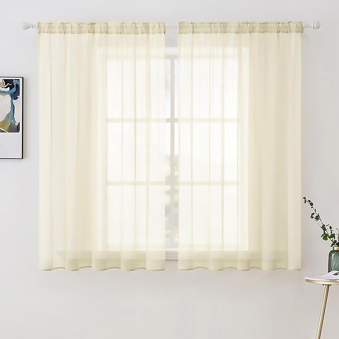 MIULEE Short Sheer Curtains 45 Inches Long, Light Cream Light Filtering Voile Drapes with Rod Pocket for Bathroom Windows, Small Window Treatments, 2 Panels Set