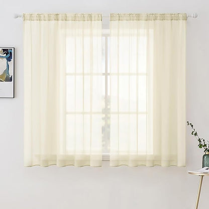 MIULEE Short Sheer Curtains 45 Inches Long, Light Cream Light Filtering Voile Drapes with Rod Pocket for Bathroom Windows, Small Window Treatments, 2 Panels Set