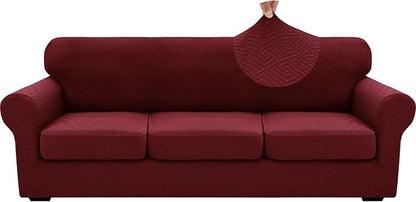 XINEAGE 2026 New 4 Pieces Extra Large Couch Covers for 3 Cushion Sofa Super Stretch Sofa Cover for 3 Large Seat Cushion Universal Fitted Slip Cover for Living Room (Wine Red), 91"-110"(3 Cushions)