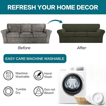 Turquoize 3 Piece Sofa Covers for 2 Cushion Couch Sofa Slipcover Soft Couch Cover for Dogs-Washable Sofa Furniture Cover with 2 Individual Cushion Covers, Feature Fabric (2 Cushion Sofa, Olive)