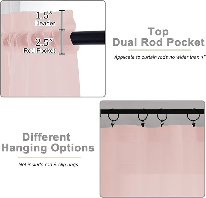 Blush Sheer Curtains for Bedroom Living Room 96 Inches Long 2 Panels, Modern Airy Soft Lightweight Rod Pocket Light Filtering Sheer Curtains Drapes, Blush, Each 42" Wx96 L Inch