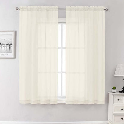 Lecloud Cream Sheer Curtains 68 Inch Length 2 Pcs, Light Filtering Bedroom Curtains for Living Room, Farmhouse Window Voile Soft Rod Pockets Drapes for Bathroom Home Office, Each Panel 42" W x 68" L