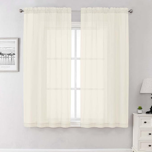 Lecloud Cream Sheer Curtains 68 Inch Length 2 Pcs, Light Filtering Bedroom Curtains for Living Room, Farmhouse Window Voile Soft Rod Pockets Drapes for Bathroom Home Office, Each Panel 42" W x 68" L