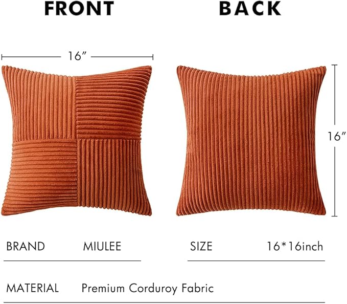 MIULEE Rust Decorative Throw Pillow Covers 16x16 Inch for Couch Bed Sofa Pack of 2 Boho Farmhouse Throw Pillows Soft Cross Corduroy Patchwork Textured Cushion Cases