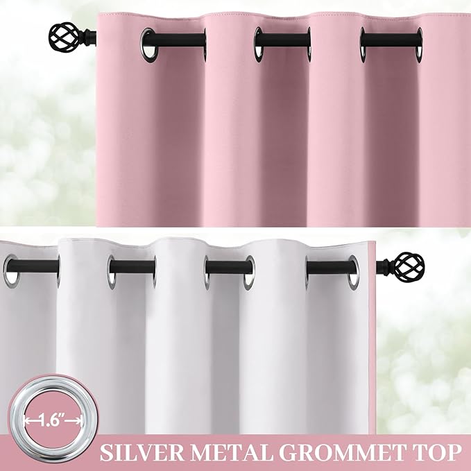 Yakamok 100% Blackout Curtain Panels 63 inches Cold and Light Blocking Drapes for Nursery, 2 Thick Layers Thermal Insulated Draperies (2 Pieces, 40 Wide Each Panel, Pink Front with White Backing)