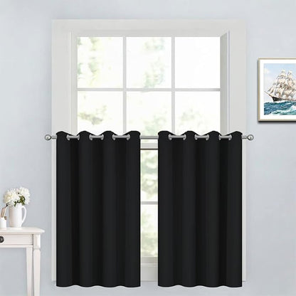 Yakamok Functional Thermal Insulated Eyelet Top Room Darkening Curtain Panels, Energy Efficient Kitchen Grommet Top Curtains for Short Window/Basement (52W by 36L, Black, 2 Panels)