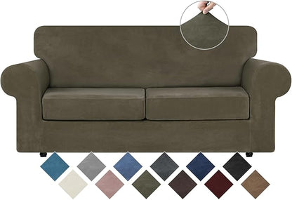 WEERRW Velvet Couch Covers for 2 Cushion Couch Sofa - High Stretch Luxury Velvet Plush 3 Pieces Sofa Slipcovers with Elastic Bottom, Furniture Protector for Pets, Machine Washable, Light Brown, Medium