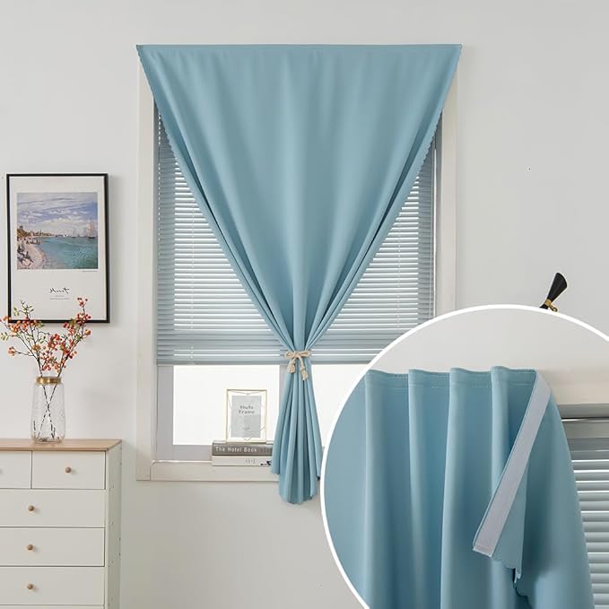 Self Adhesive Curtains, Portable Blackout Curtains Fabric Curtains for Living Room No Drilling, 47" W X 84" L, Lake Blue, 1 Panel