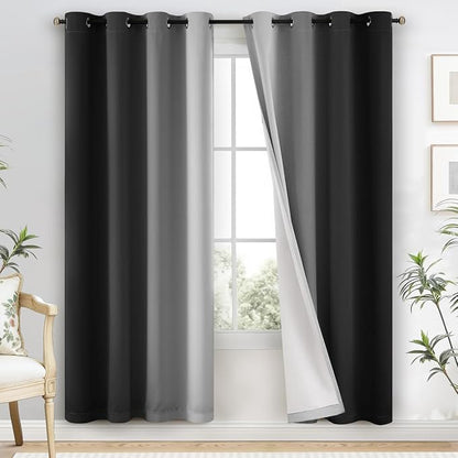 Yakamok 100% Blackout Curtains 72 Inch Length 2 Layers,Black Curtains for Bedroom Ombre Room Darkening Grommet Gradient Drapes, Light Blocking Thermal Insulated Window Curtains for Living Room