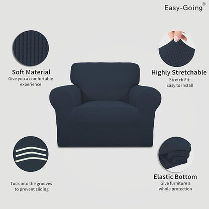 Easy-Going Stretch Chair Sofa Slipcover 1-Piece Couch Sofa Cover Furniture Protector Soft with Elastic Bottom for Kids, Pet. Spandex Jacquard Fabric Small Checks (Chair, Dark Blue)