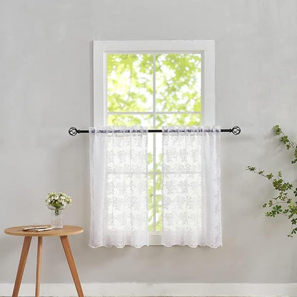 YJ YANJUN Vintage Lace Curtains 24 inch Length Victorian Floral Patterns Boho Cafe Half Curtains for Small Windows Basement Kitchen Bathroom 2 Panels 26" x 24" White