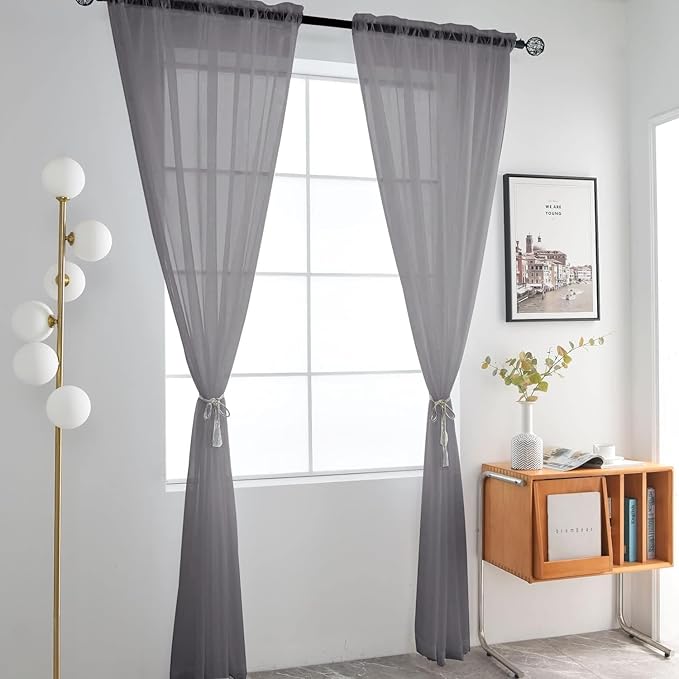 SpaceDresser Grey Sheer Curtains 4 Panels Rod Pocket Semi-Sheer Curtain 96 Inches Long Light Filtering Voile Window Drapes for Bedroom Living Room Kitchen, Each 52W x 96L