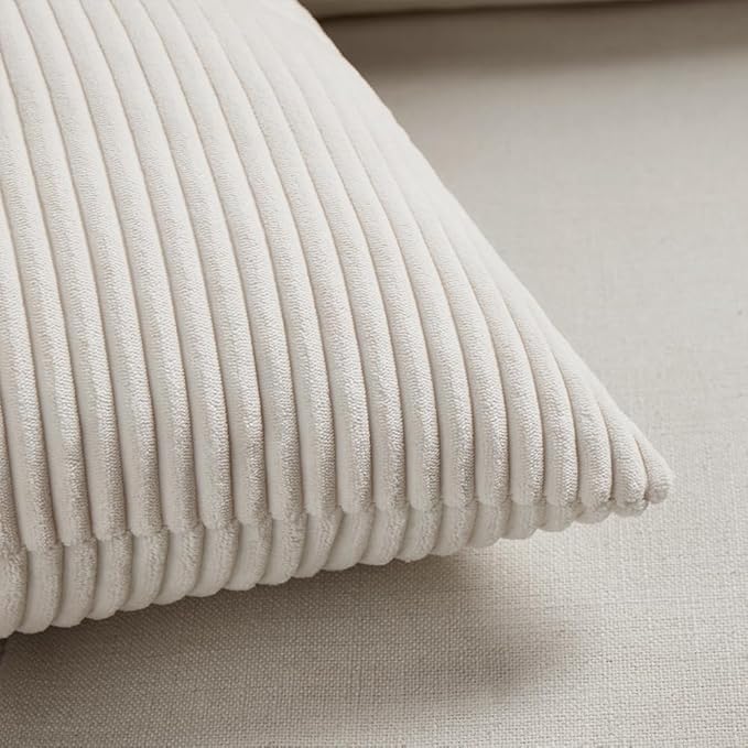 Fancy Homi 2 Packs Cream Lumbar Decorative Throw Pillow Covers 14x22 Inch for Living Room Couch Bed Sofa, Rustic Farmhouse Boho Home Decor, Soft Striped Corduroy Rectangle Accent Cushion Case 35x55 cm
