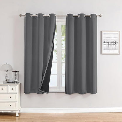 ChrisDowa 100% Blackout Curtains for Bedroom with Black Liner, 2 Thick Layers Total Blackout Thermal Insulated Grommet Small Window Curtains 2 Panels Set (Grey, 42 x 45 Inch)