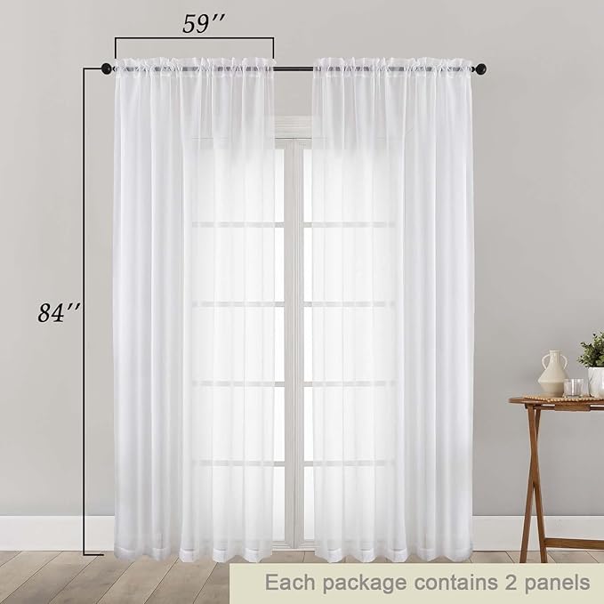 White Sheer Curtains 84 Inches Long 2 Panels Set for Bedroom Living Room, Soft Airy Light Filtering Modern Solid Rod Pocket Drapes Window Treatments, White, Each 59" W x 84" L